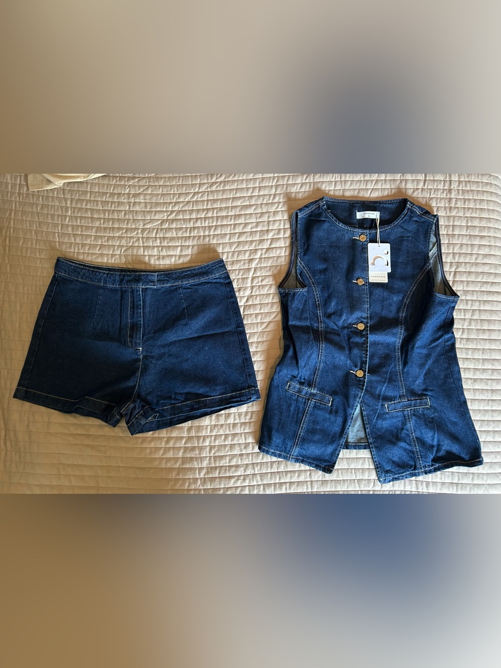 NWT Commense Denim Peplum Vest and Short Set
